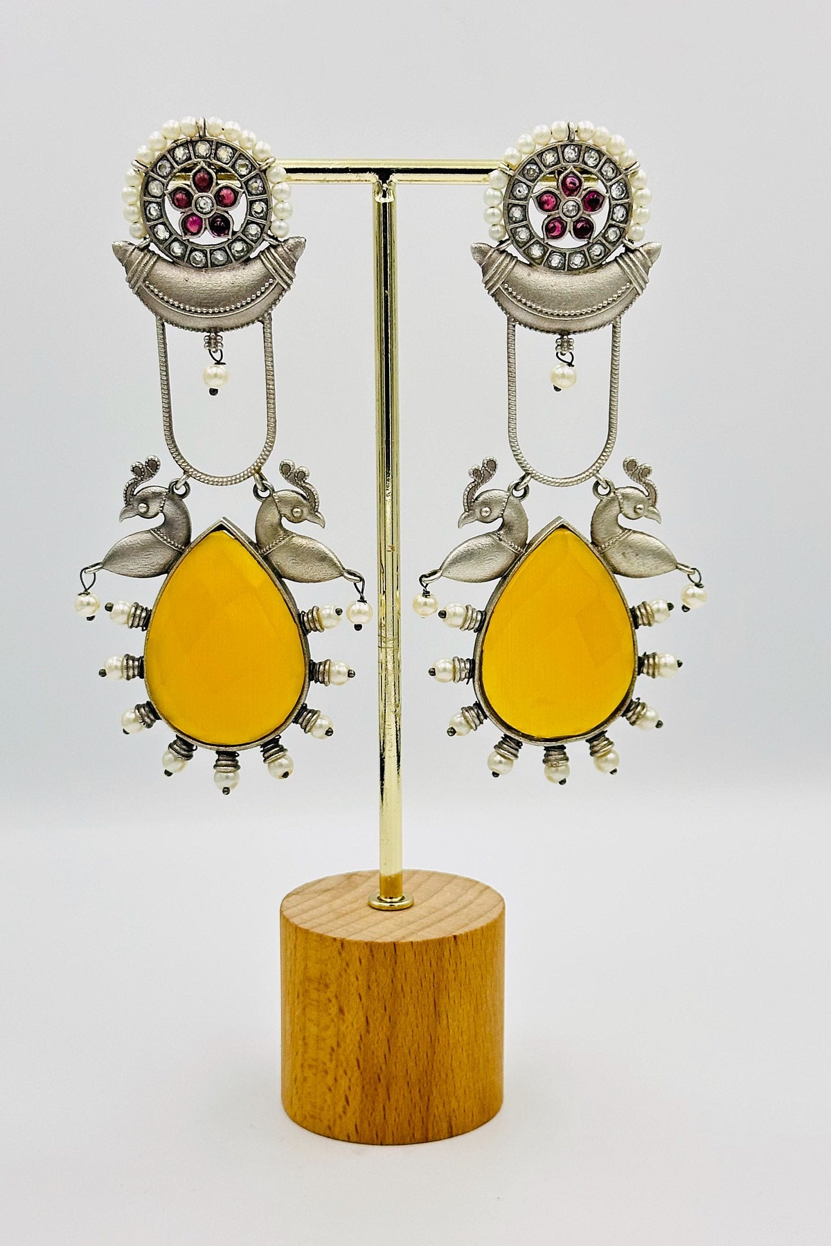 Silver Earrings Embellished with Exquisite Yellow Crystals - swadeshsouq.com