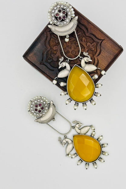 Silver Earrings Embellished with Exquisite Yellow Crystals - swadeshsouq.com