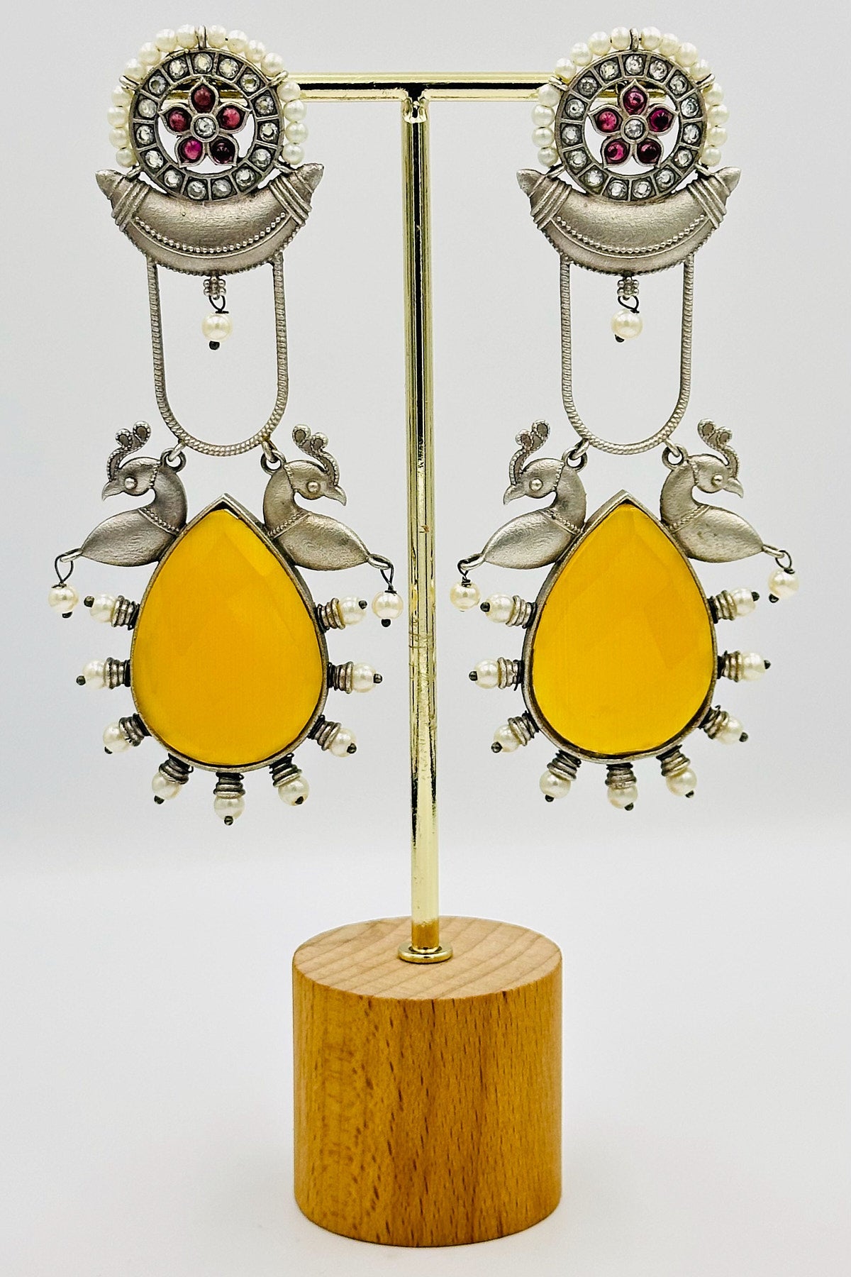 Silver Earrings Embellished with Exquisite Yellow Crystals - swadeshsouq.com