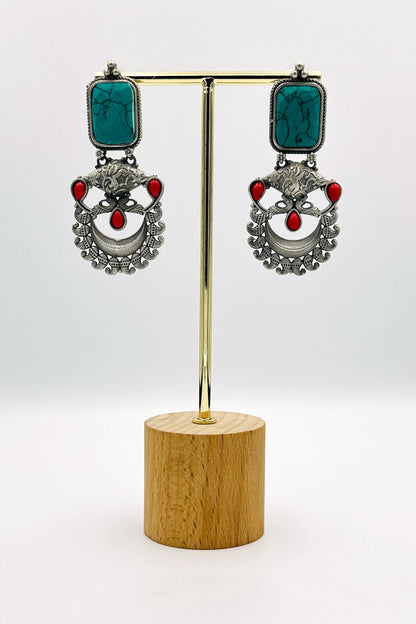 Silver Earrings Embellished with Feroza and Red Stones - swadeshsouq.com