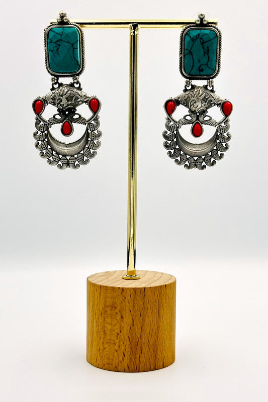 Silver Earrings Embellished with Feroza and Red Stones - swadeshsouq.com