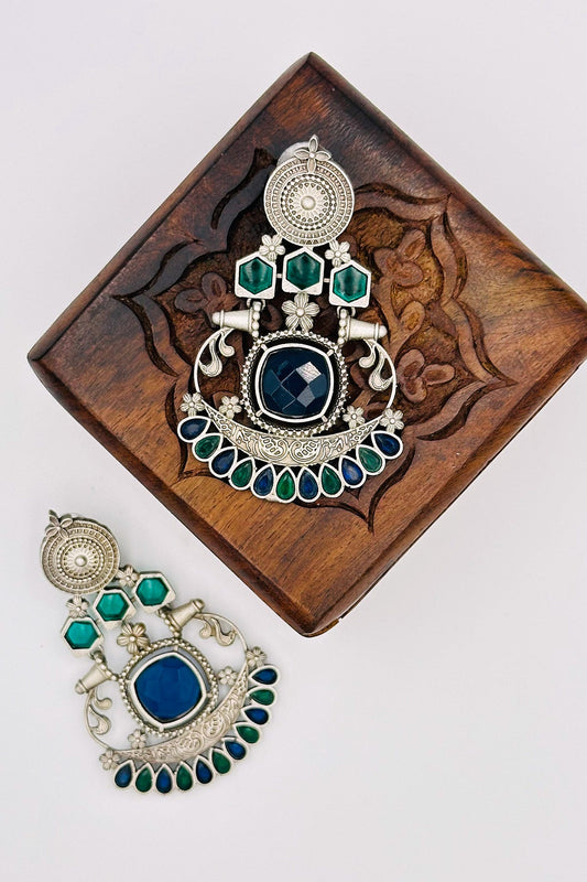 Silver Earrings with Blue and Green Stone Accents - swadeshsouq.com