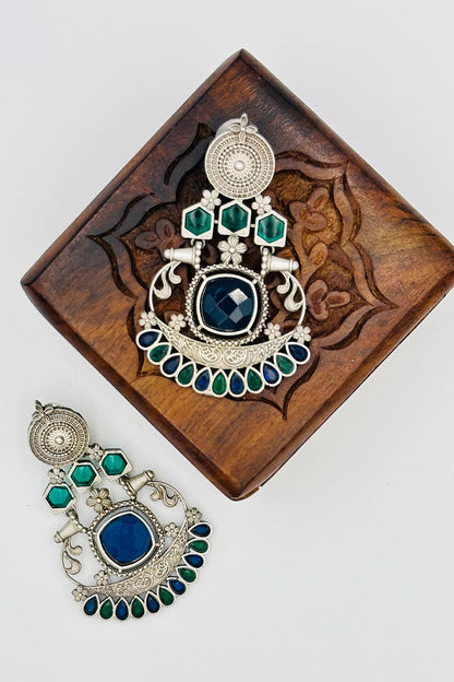 Silver Earrings with Blue and Green Stone Accents - swadeshsouq.com