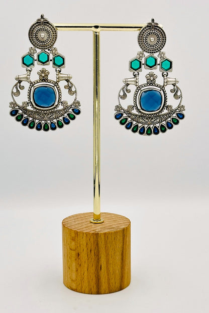 Silver Earrings with Blue and Green Stone Accents - swadeshsouq.com