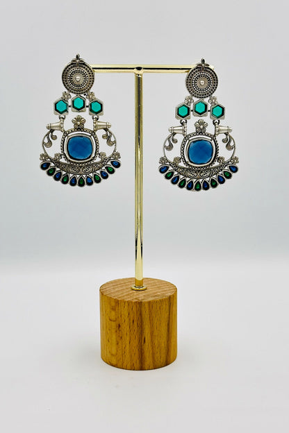 Silver Earrings with Blue and Green Stone Accents - swadeshsouq.com