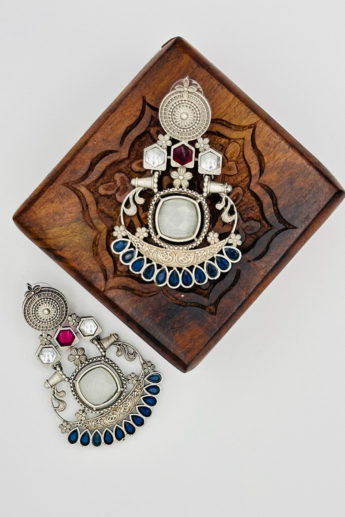 Silver Earrings with Blue and Pink Stone - swadeshsouq.com