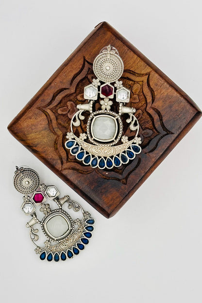 Silver Earrings with Blue and Pink Stone - swadeshsouq.com