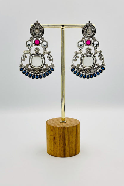 Silver Earrings with Blue and Pink Stone - swadeshsouq.com