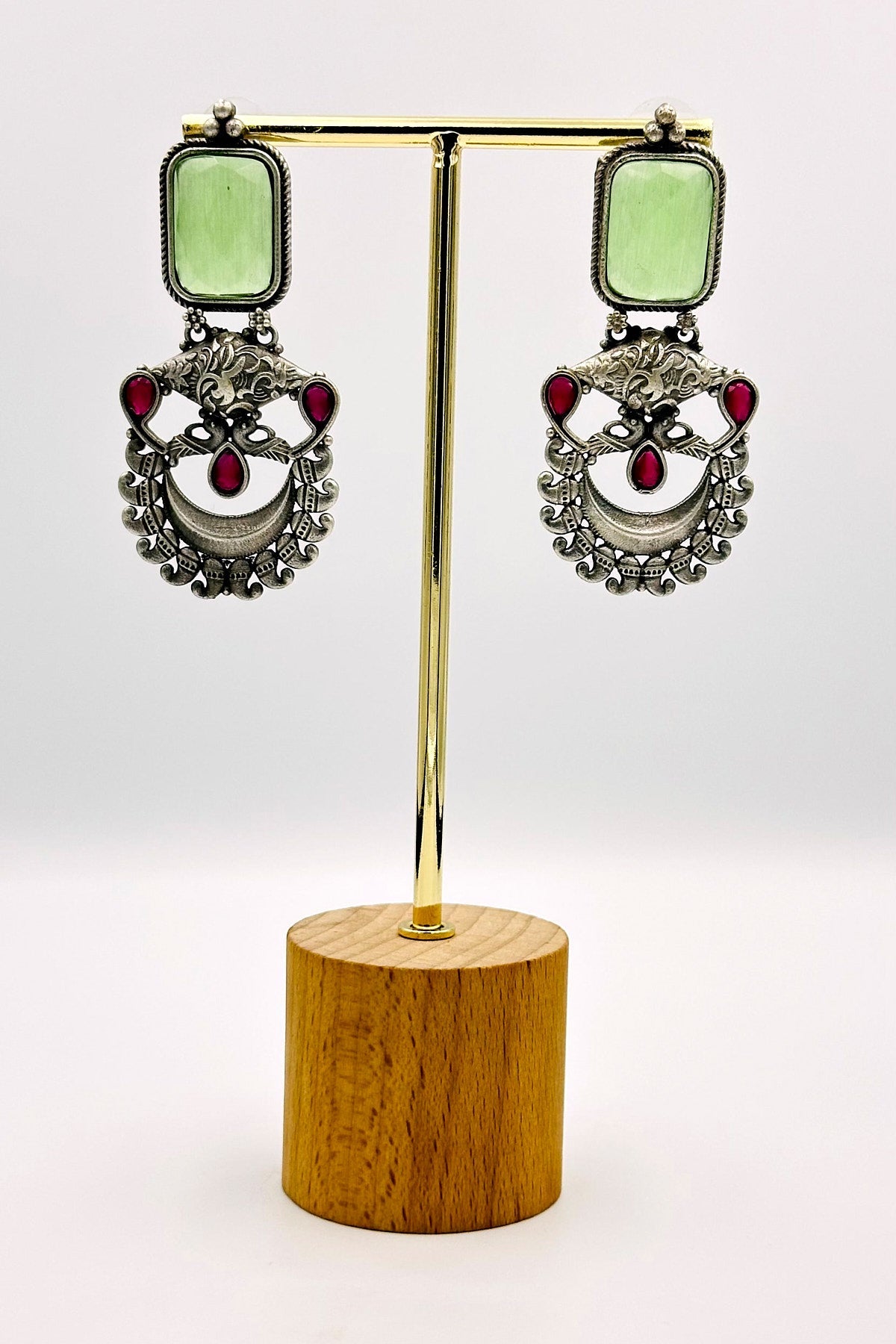 Silver Earrings with Delicate Mint Green and Passionate Red Stones - swadeshsouq.com