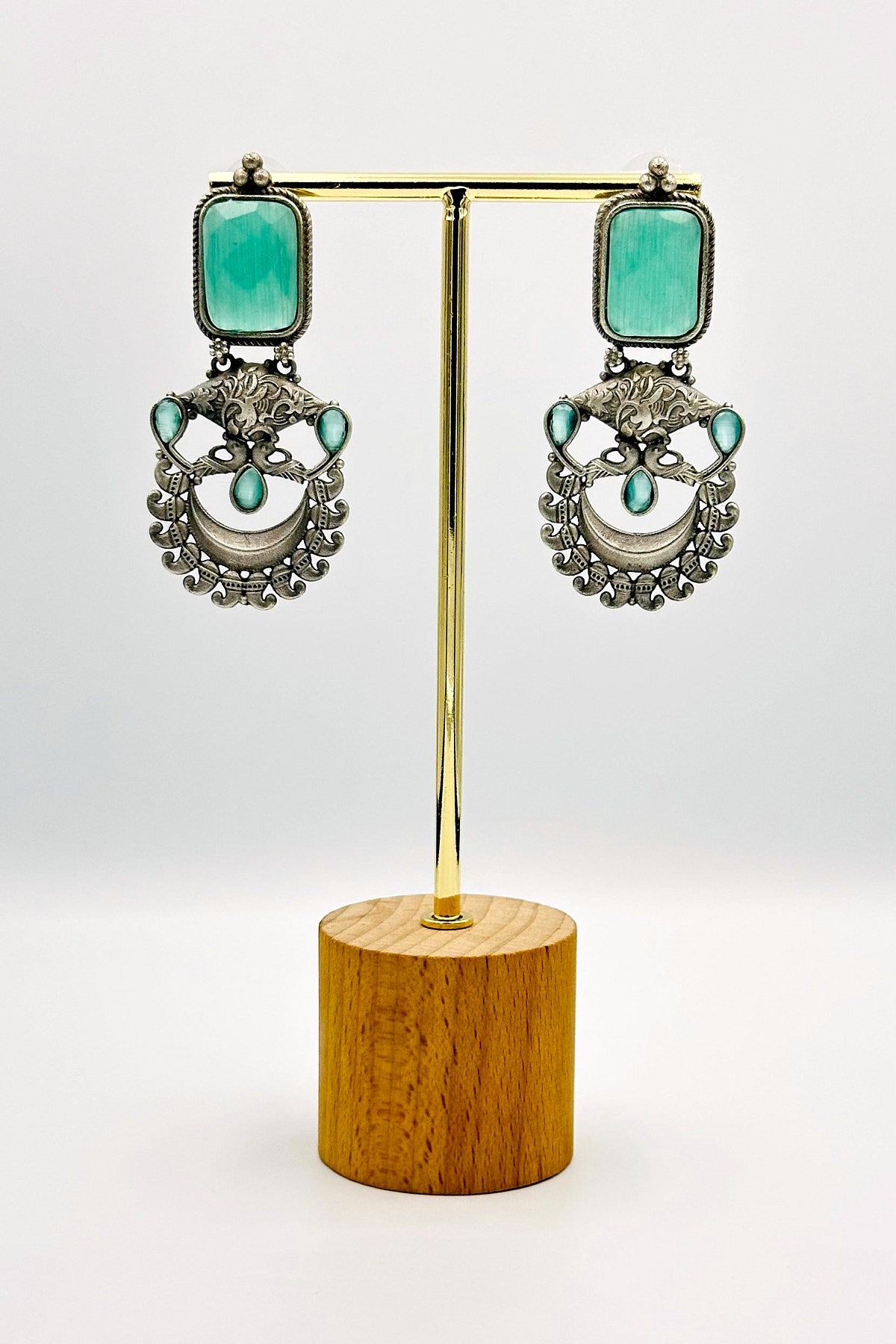 Silver Earrings with Embossed Blue Stones - swadeshsouq.com