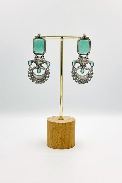 Silver Earrings with Embossed Blue Stones - swadeshsouq.com