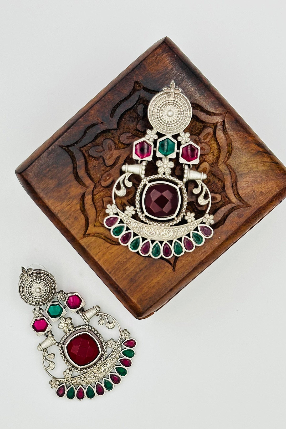 Silver Earrings with Green and Red Stones - swadeshsouq.com