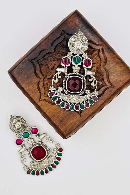 Silver Earrings with Green and Red Stones - swadeshsouq.com