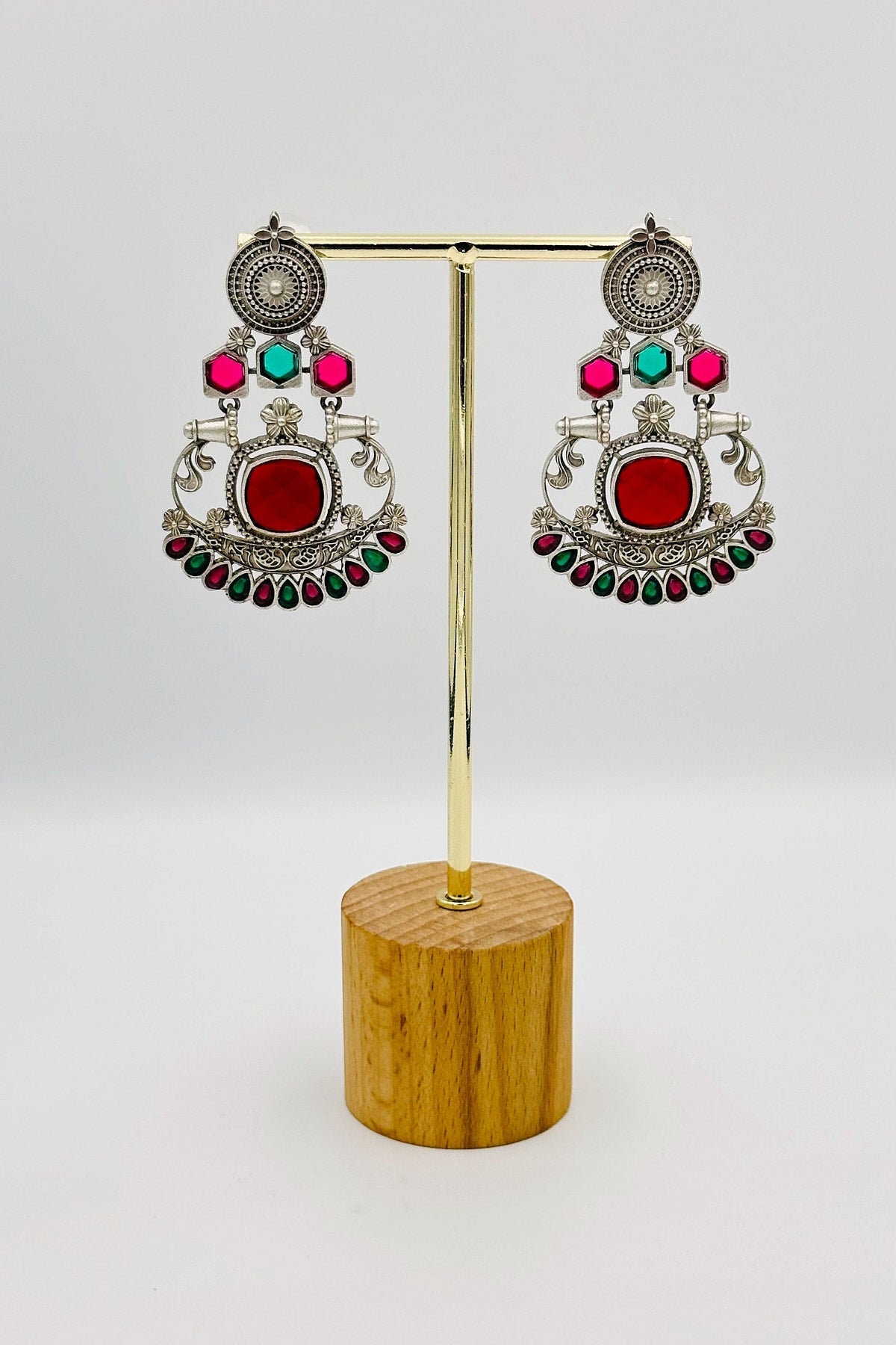 Silver Earrings with Green and Red Stones - swadeshsouq.com