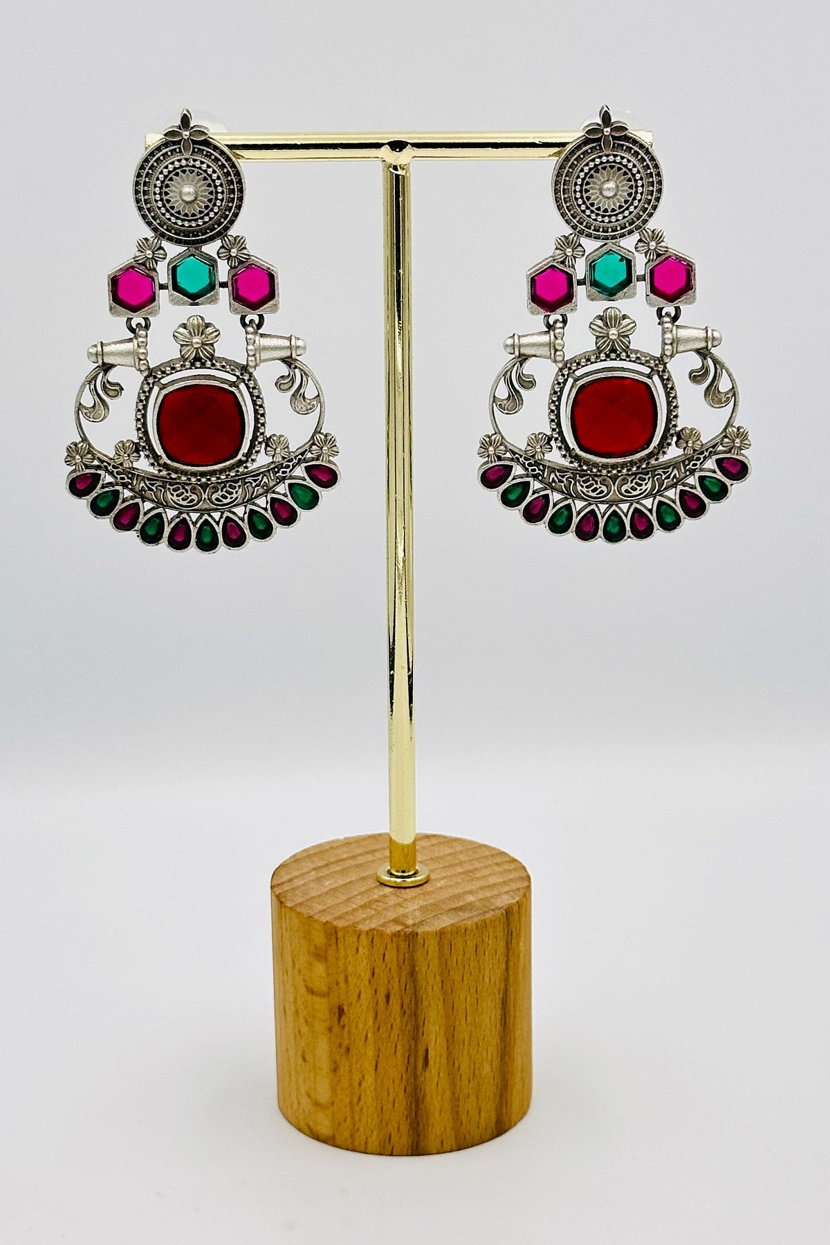 Silver Earrings with Green and Red Stones - swadeshsouq.com