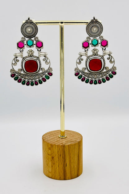 Silver Earrings with Green and Red Stones - swadeshsouq.com