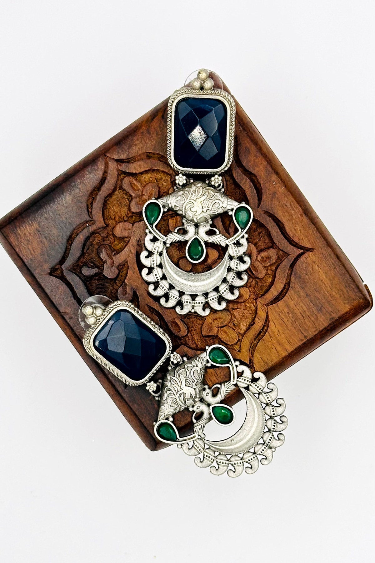 Silver Earrings with Intricate Blue and Green Stones - swadeshsouq.com