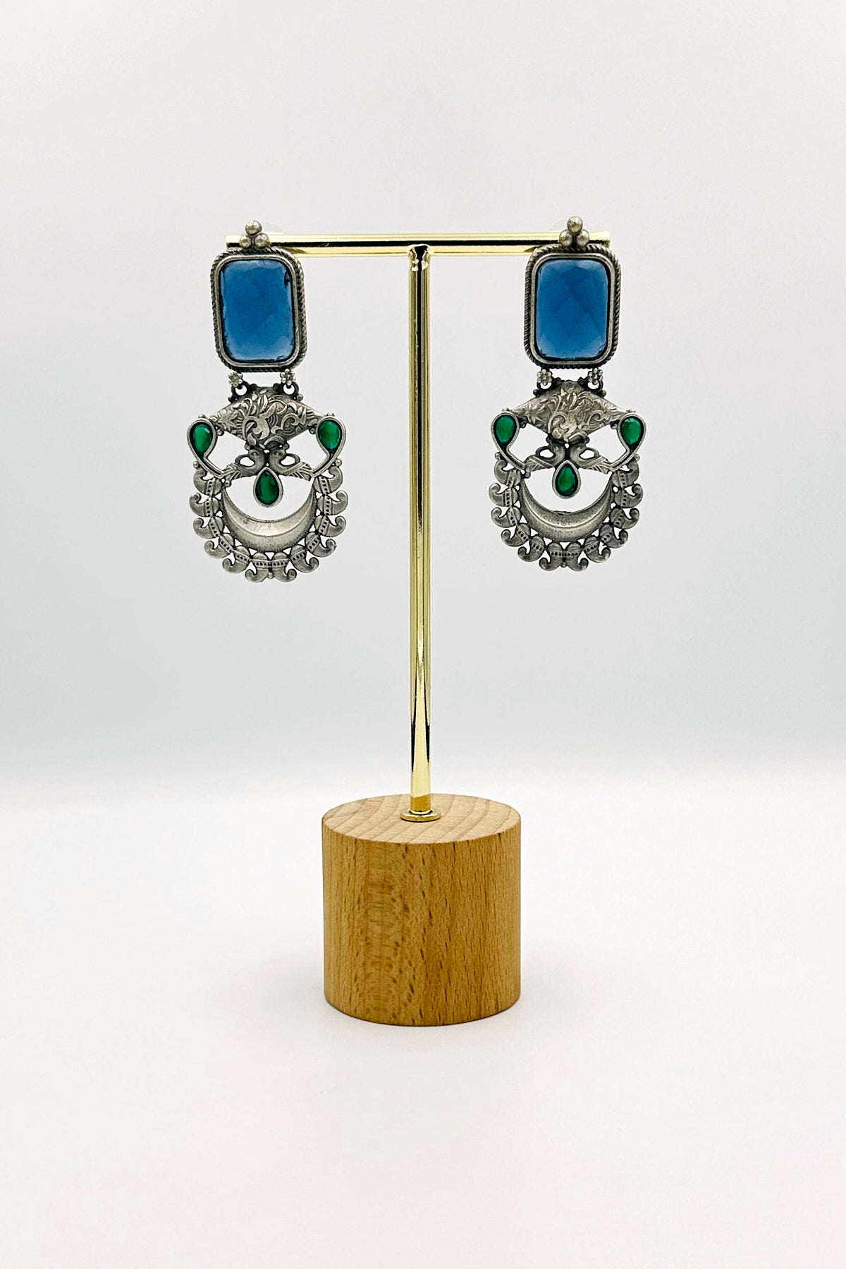 Silver Earrings with Intricate Blue and Green Stones - swadeshsouq.com