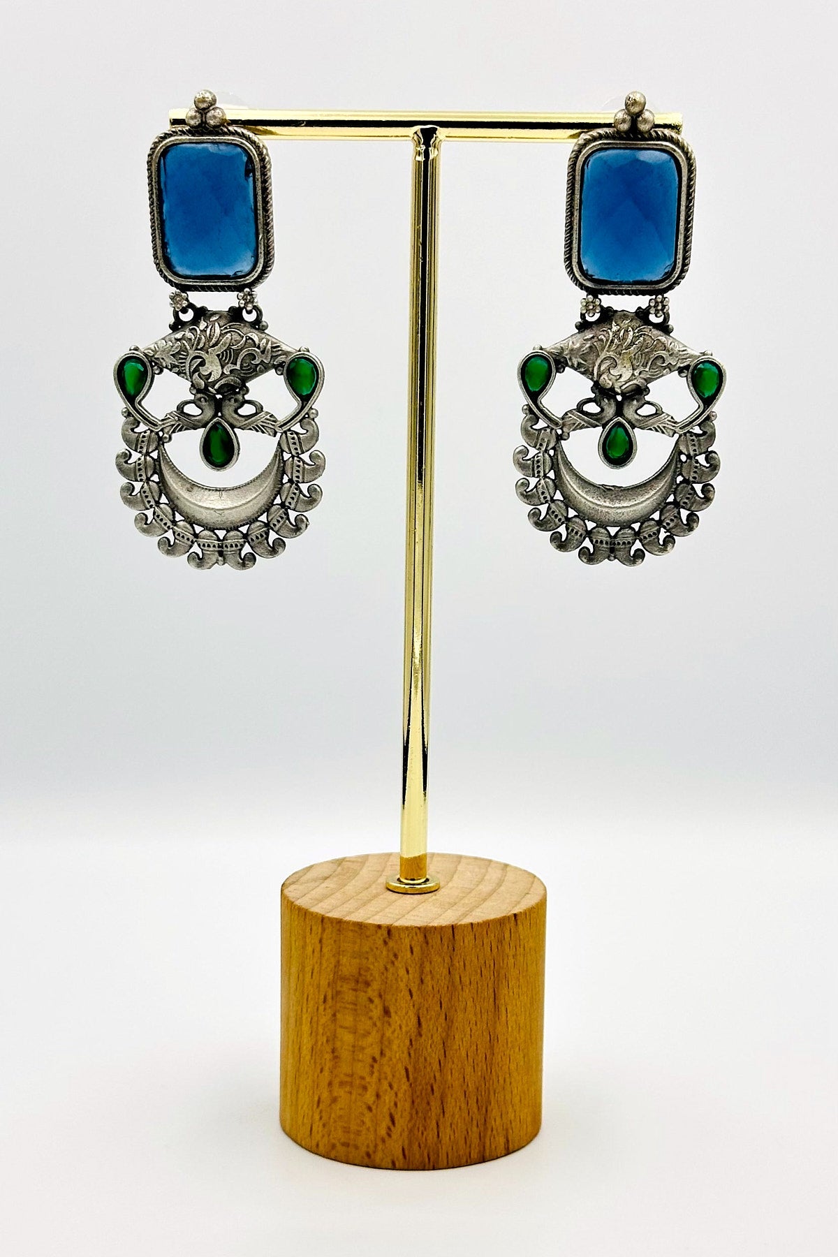 Silver Earrings with Intricate Blue and Green Stones - swadeshsouq.com