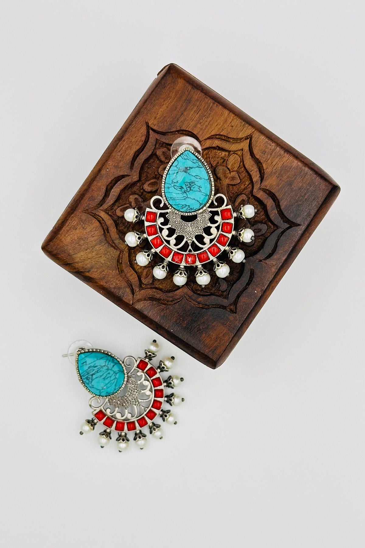 Silver Earrings with Intricate Feroza and Red Pearls and Stones - swadeshsouq.com