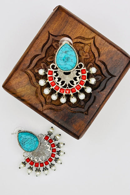 Silver Earrings with Intricate Feroza and Red Pearls and Stones - swadeshsouq.com