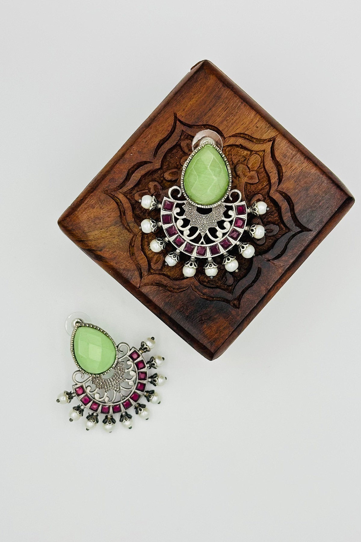 Silver Earrings with Intricate Mint Green and Pink Pearls and Stones - swadeshsouq.com