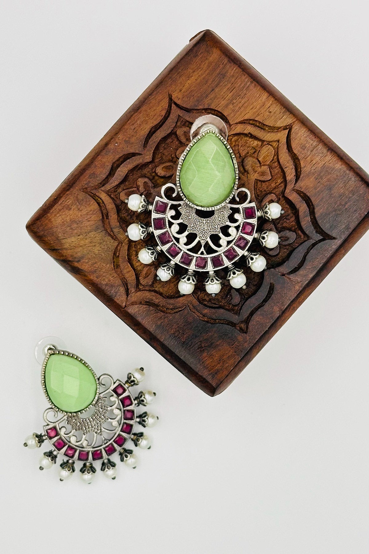 Silver Earrings with Intricate Mint Green and Pink Pearls and Stones - swadeshsouq.com