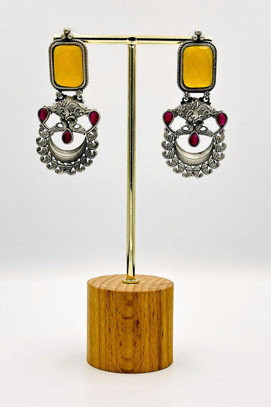 Silver Earrings with Intricate Yellow and Red Stones - swadeshsouq.com