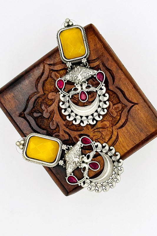 Silver Earrings with Intricate Yellow and Red Stones - swadeshsouq.com