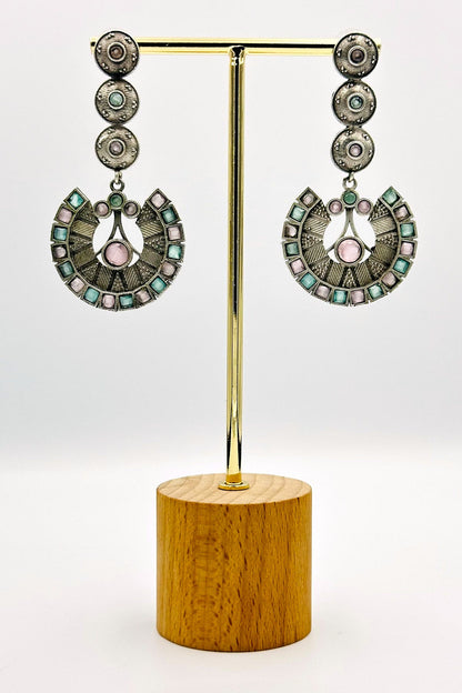 Silver Earrings with Light Pink and Blue Stones - swadeshsouq.com