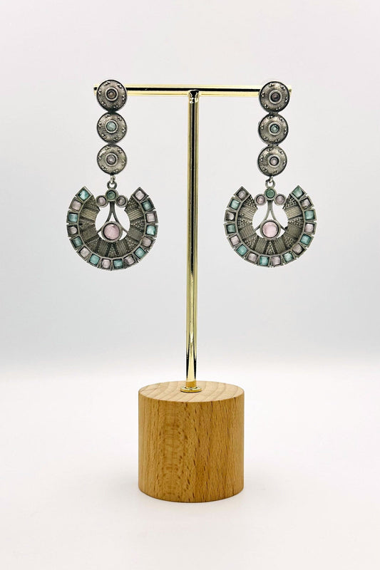 Silver Earrings with Light Pink and Blue Stones - swadeshsouq.com