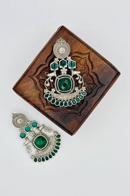 Silver Earrings with Lush Green Stone Accents - swadeshsouq.com