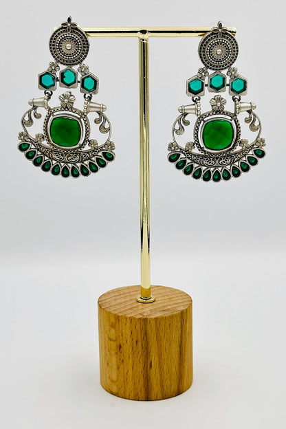 Silver Earrings with Lush Green Stone Accents - swadeshsouq.com