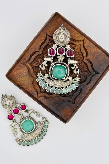 Silver Earrings with Pink and Turquoise Stones - swadeshsouq.com