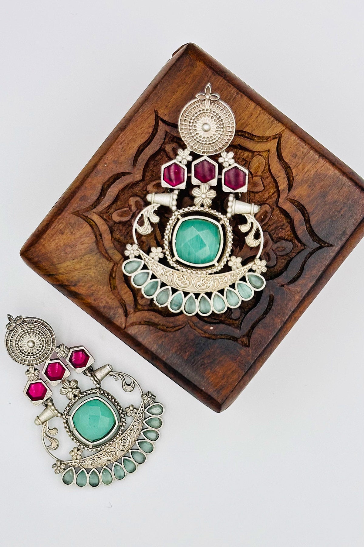 Silver Earrings with Pink and Turquoise Stones - swadeshsouq.com