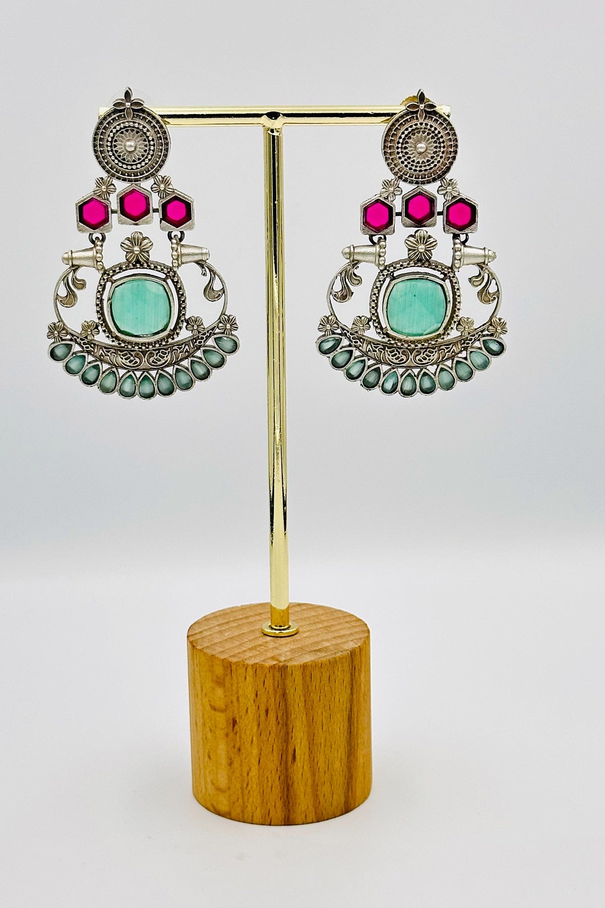 Silver Earrings with Pink and Turquoise Stones - swadeshsouq.com