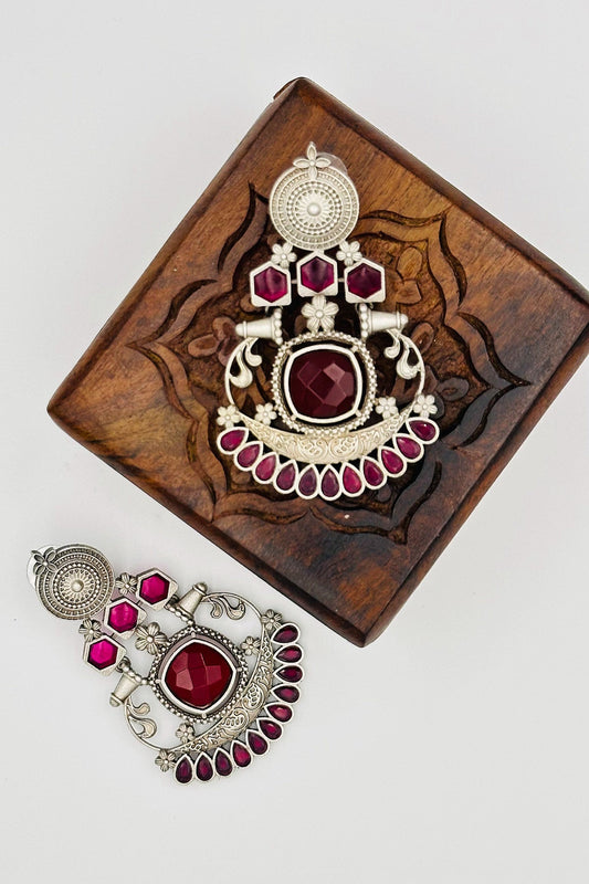 Silver Earrings with Red and Pink Stones - swadeshsouq.com