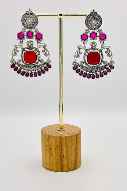 Silver Earrings with Red and Pink Stones - swadeshsouq.com