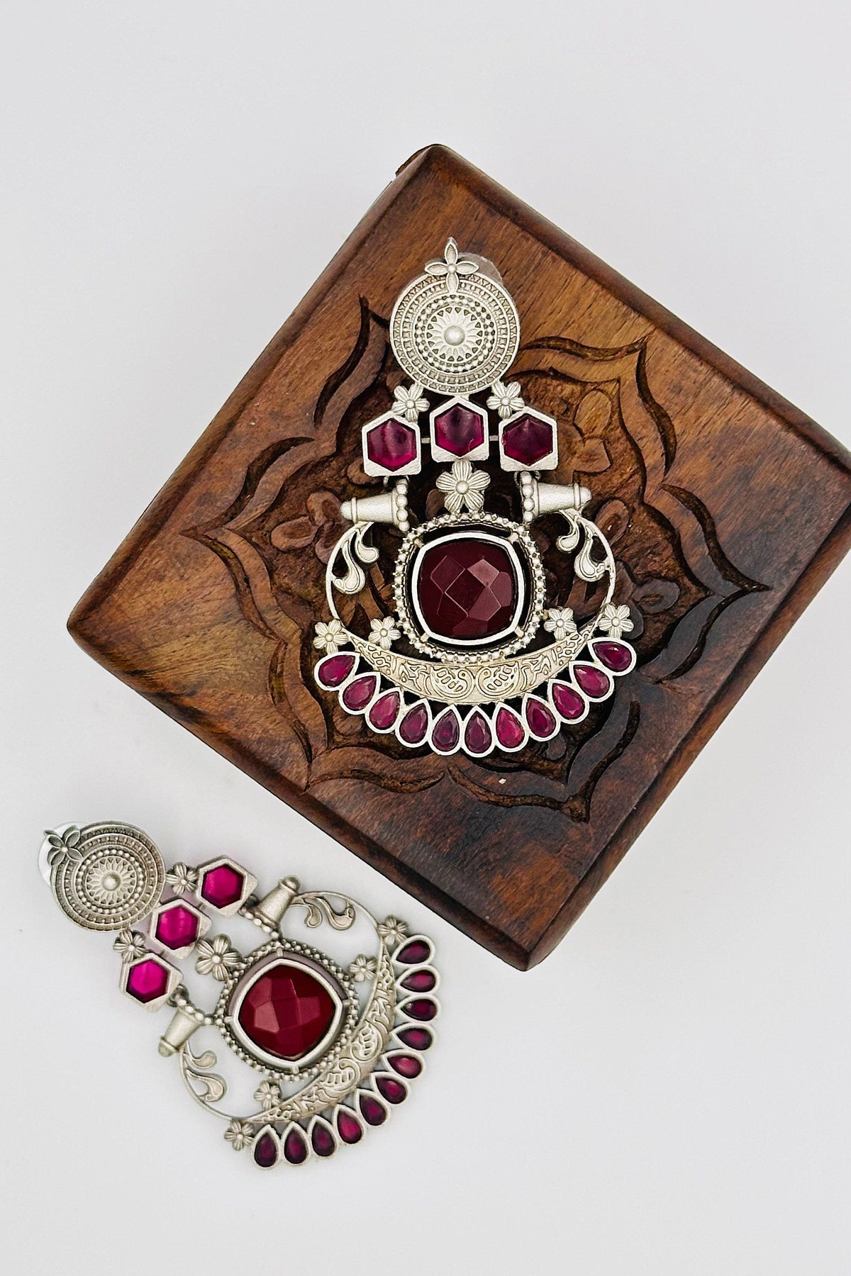 Silver Earrings with Red and Pink Stones - swadeshsouq.com