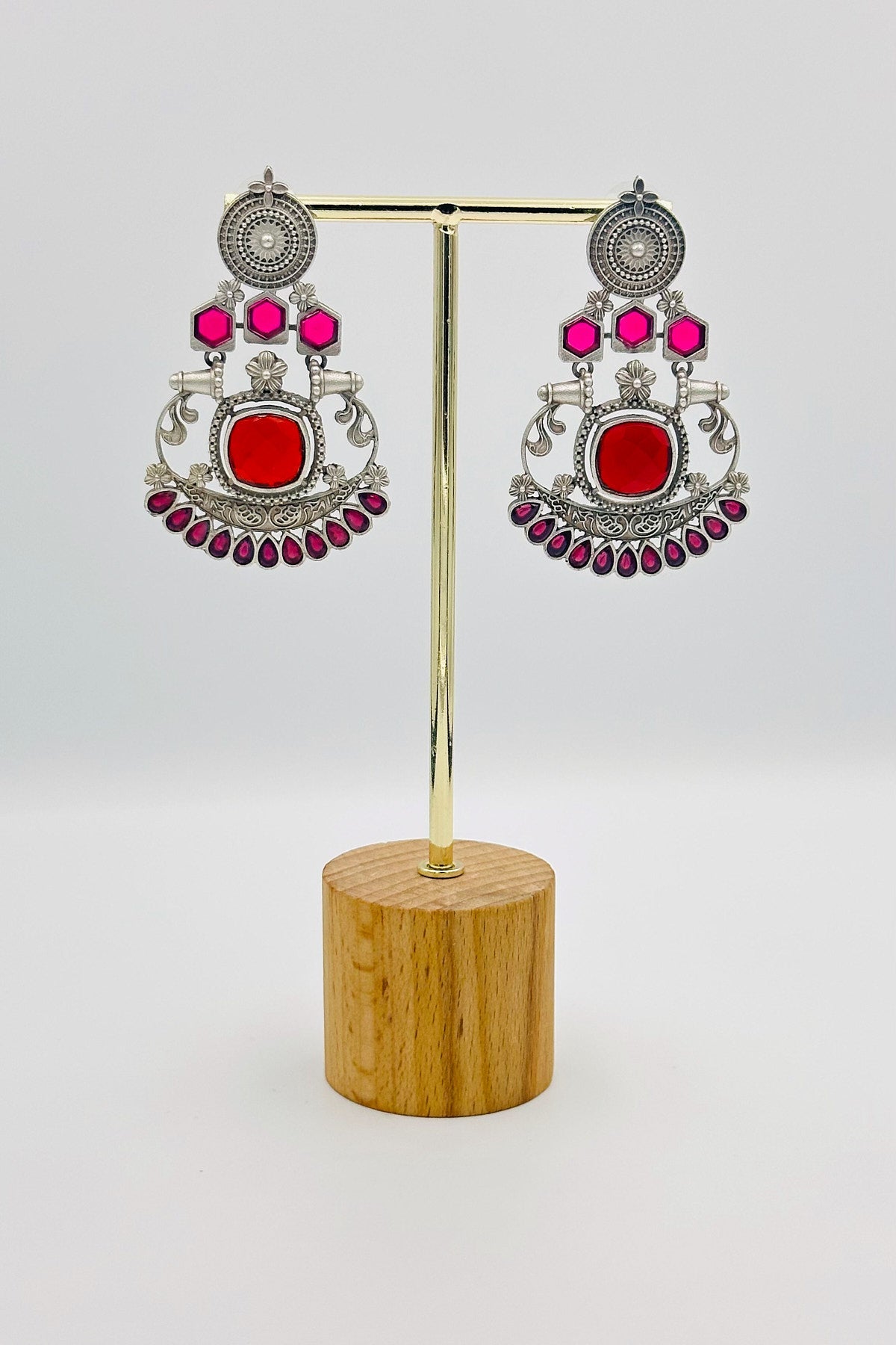 Silver Earrings with Red and Pink Stones - swadeshsouq.com