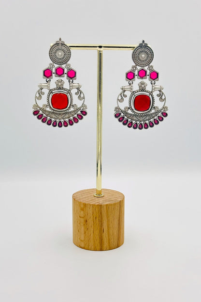 Silver Earrings with Red and Pink Stones - swadeshsouq.com