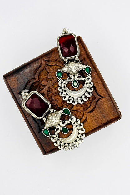 Silver Earrings with Striking Red and Lush Green Stones - swadeshsouq.com