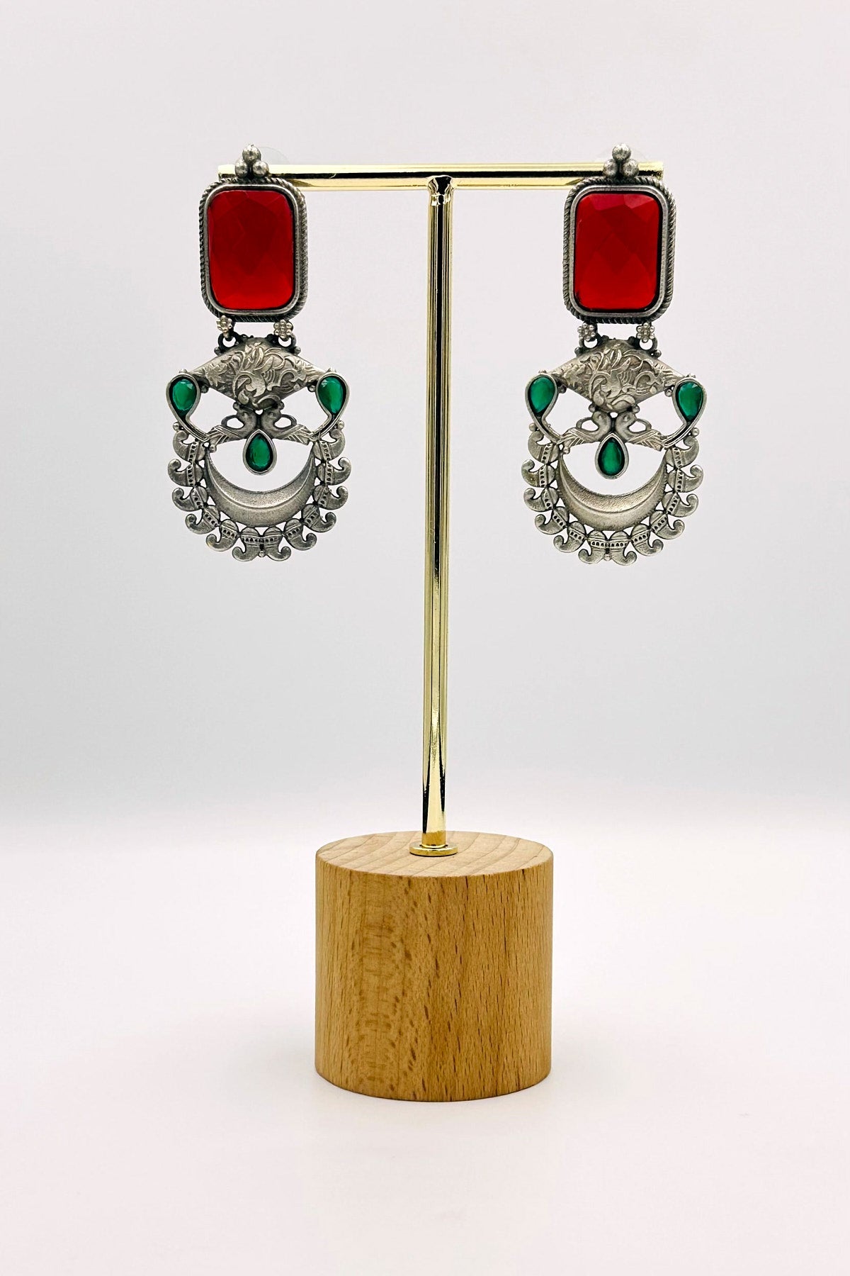 Silver Earrings with Striking Red and Lush Green Stones - swadeshsouq.com