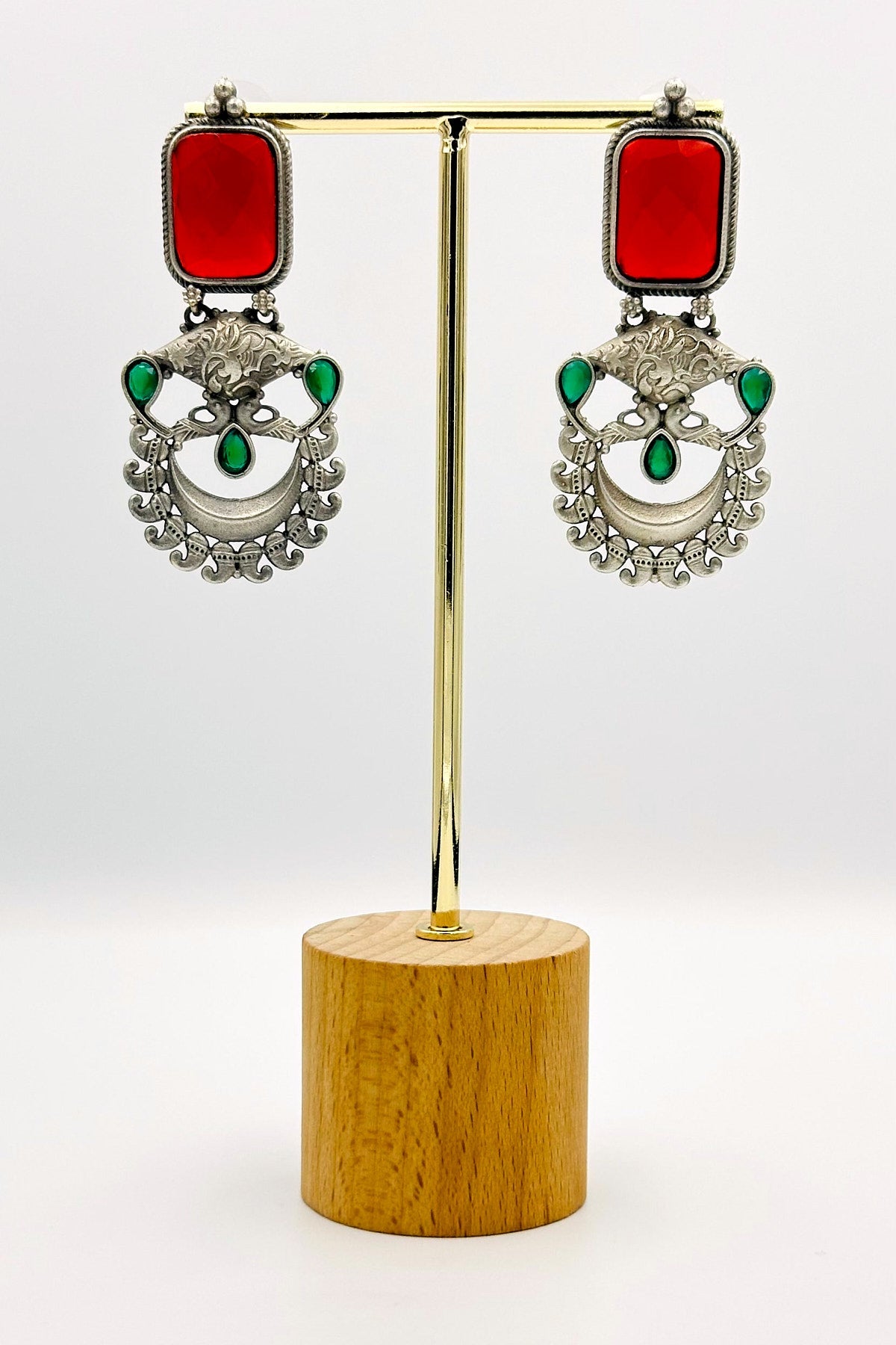 Silver Earrings with Striking Red and Lush Green Stones - swadeshsouq.com