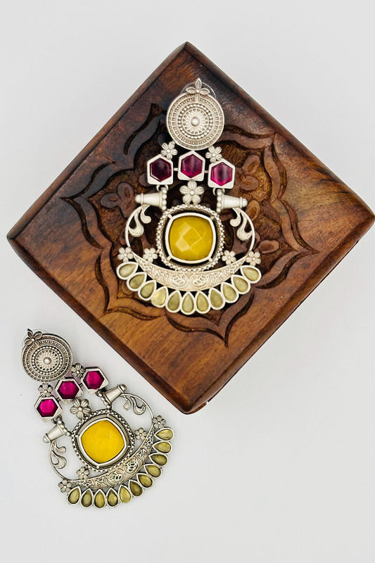 Silver Earrings with Yellow and Pink Stones - swadeshsouq.com