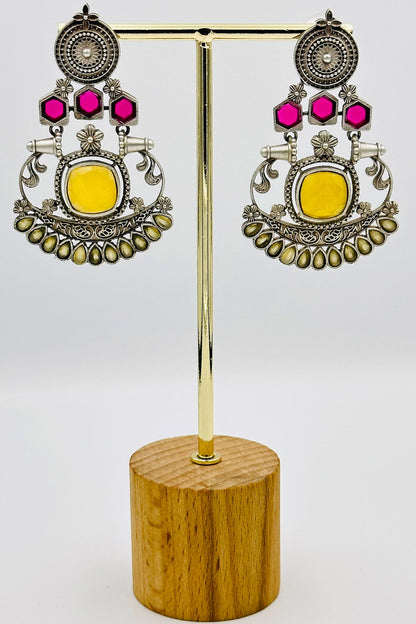 Silver Earrings with Yellow and Pink Stones - swadeshsouq.com