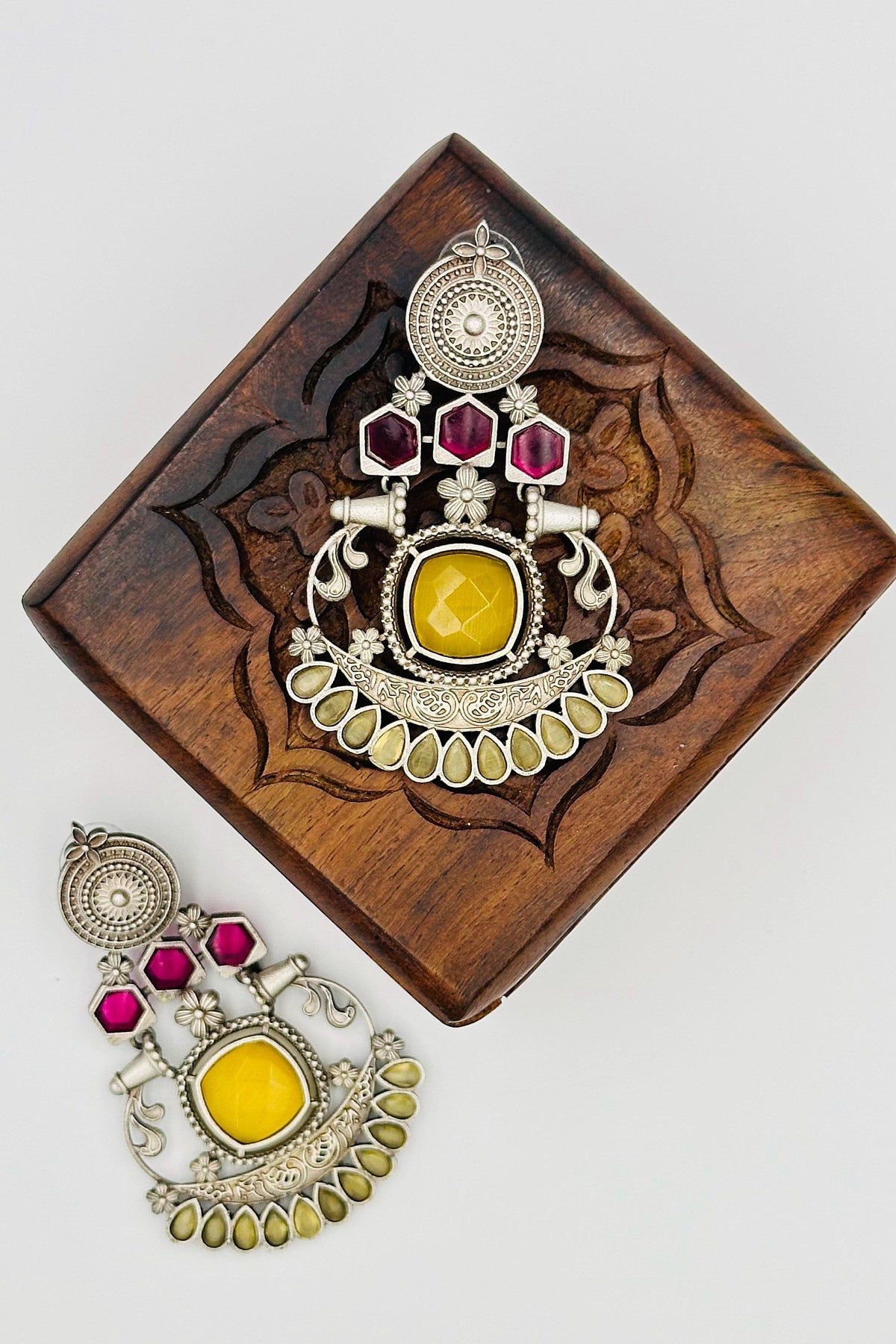 Silver Earrings with Yellow and Pink Stones - swadeshsouq.com