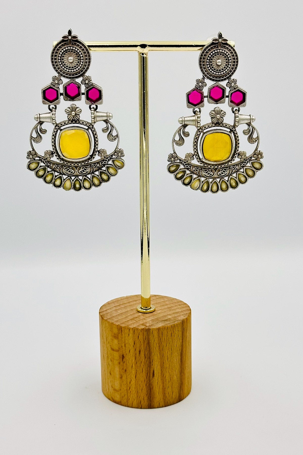 Silver Earrings with Yellow and Pink Stones - swadeshsouq.com