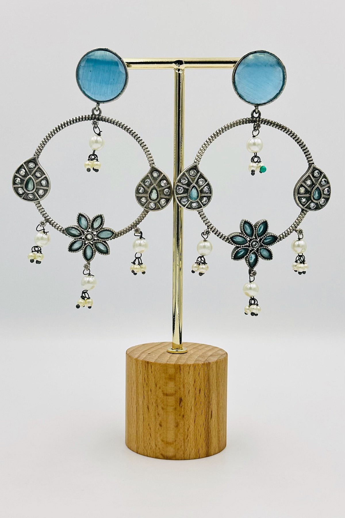 Silver Floral Danglers with Blue Gems - swadeshsouq.com