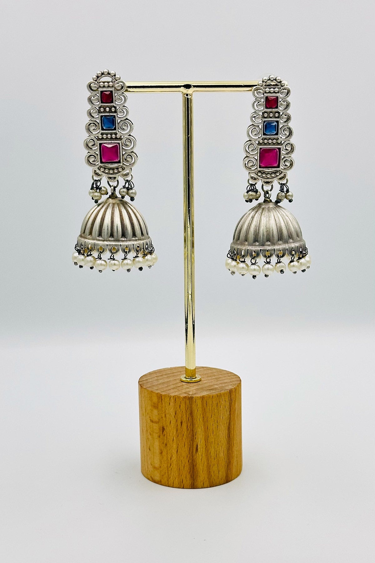 Silver Jhumkas Adorned with Enchanting Blue and Pink Stones - swadeshsouq.com